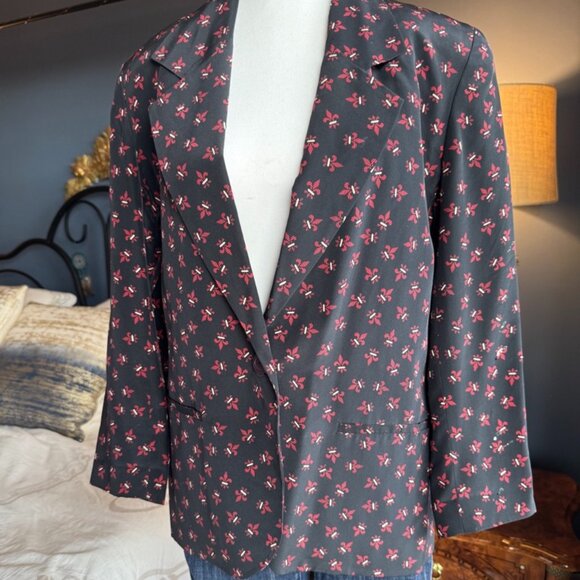 Talbots 100% Silk Petite Fleur de Lis Black and Red Blazer - Picture 2 of 7